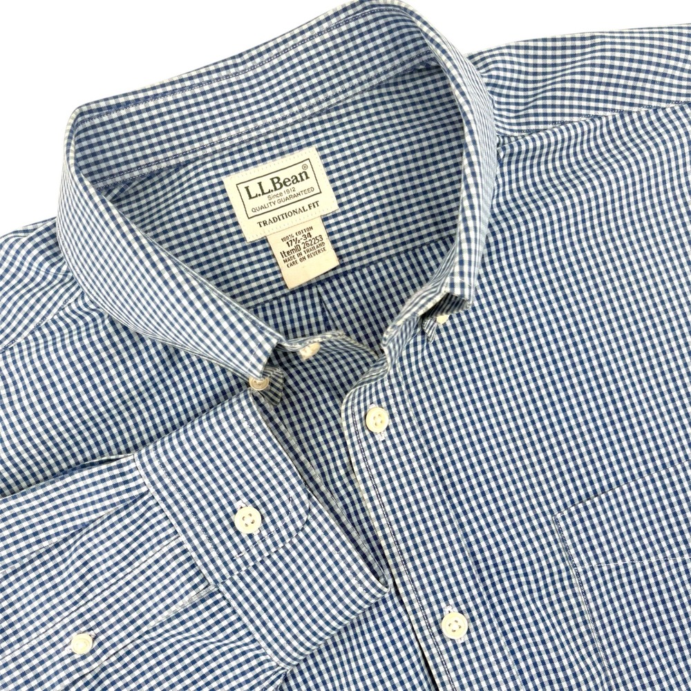 LL Bean Mens Traditional Fit Gingham Button Down Shirt Blue White 17.5-34 262253